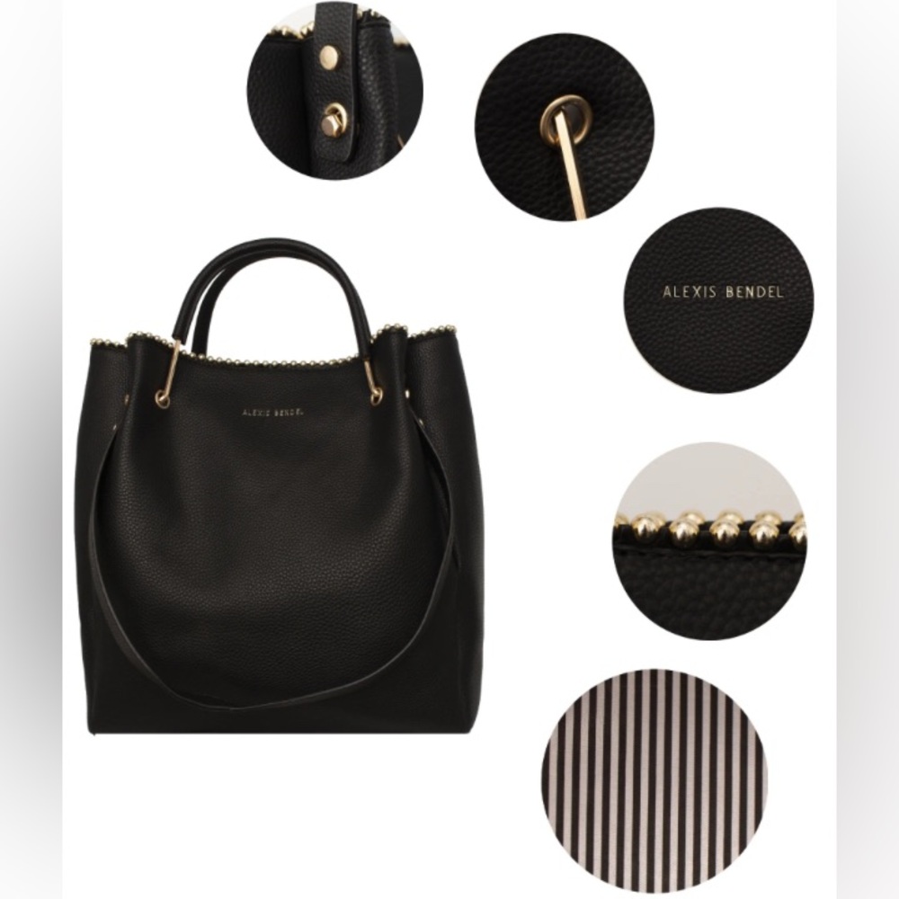 Alexis Bendel Pebbled Black Striped Fabric Lined Double Handles Golden Bead Trim